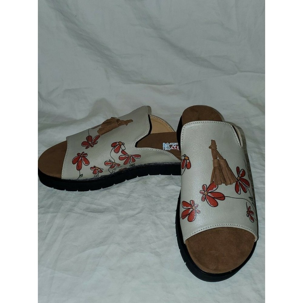 Goby Red & Beige Floral Tassel Womens Slides Mules Sandals US Sz 5.5 - 6 EUR 36